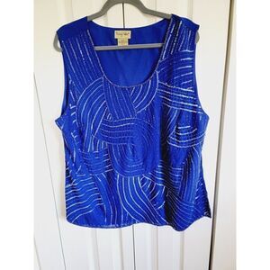 Midnight Velvet 1X Top Blue Beaded Scoop Neck Sleeveless Vintage Lined Side Slit